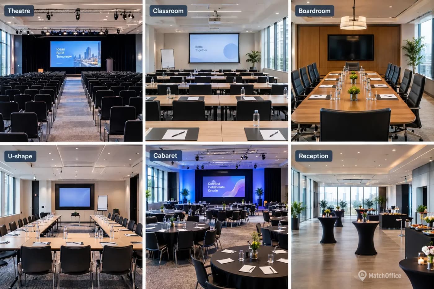 Meeting Room layouts explained: Theatre, Classroom, Boardroom, U-Shape and Cabaret